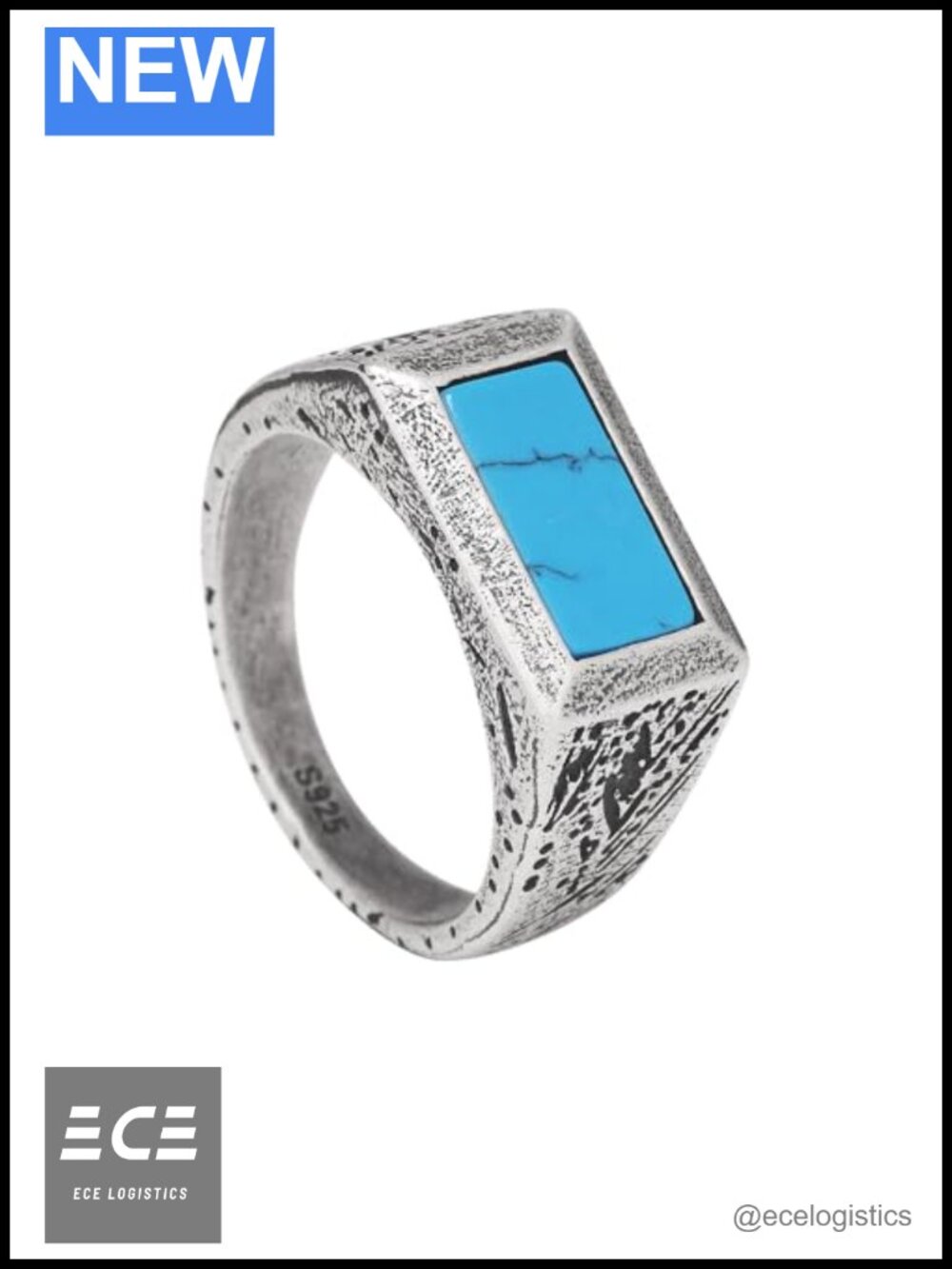 925 Sterling Silver Turquoise Signet Ring Men 6x11mm Rectangular Stone
